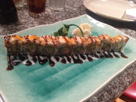 fried snapper, avocado, and cucumber made up this mexican sushi roll 